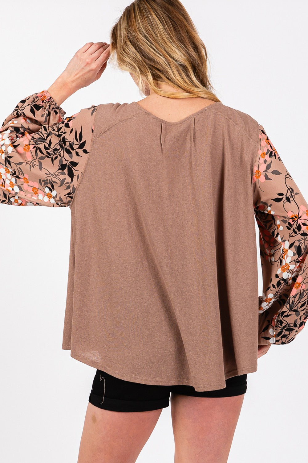 SAGE + FIG Brown Floral Long Sleeve Front Pleated Detail Blouse Trendsi