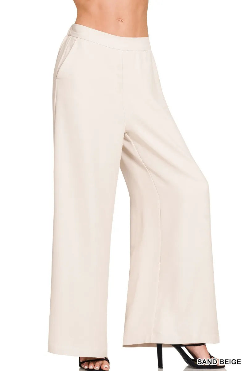 Zenana Relaxed Fit Elastic Waisted Wide Leg Pants SAND BEIGE