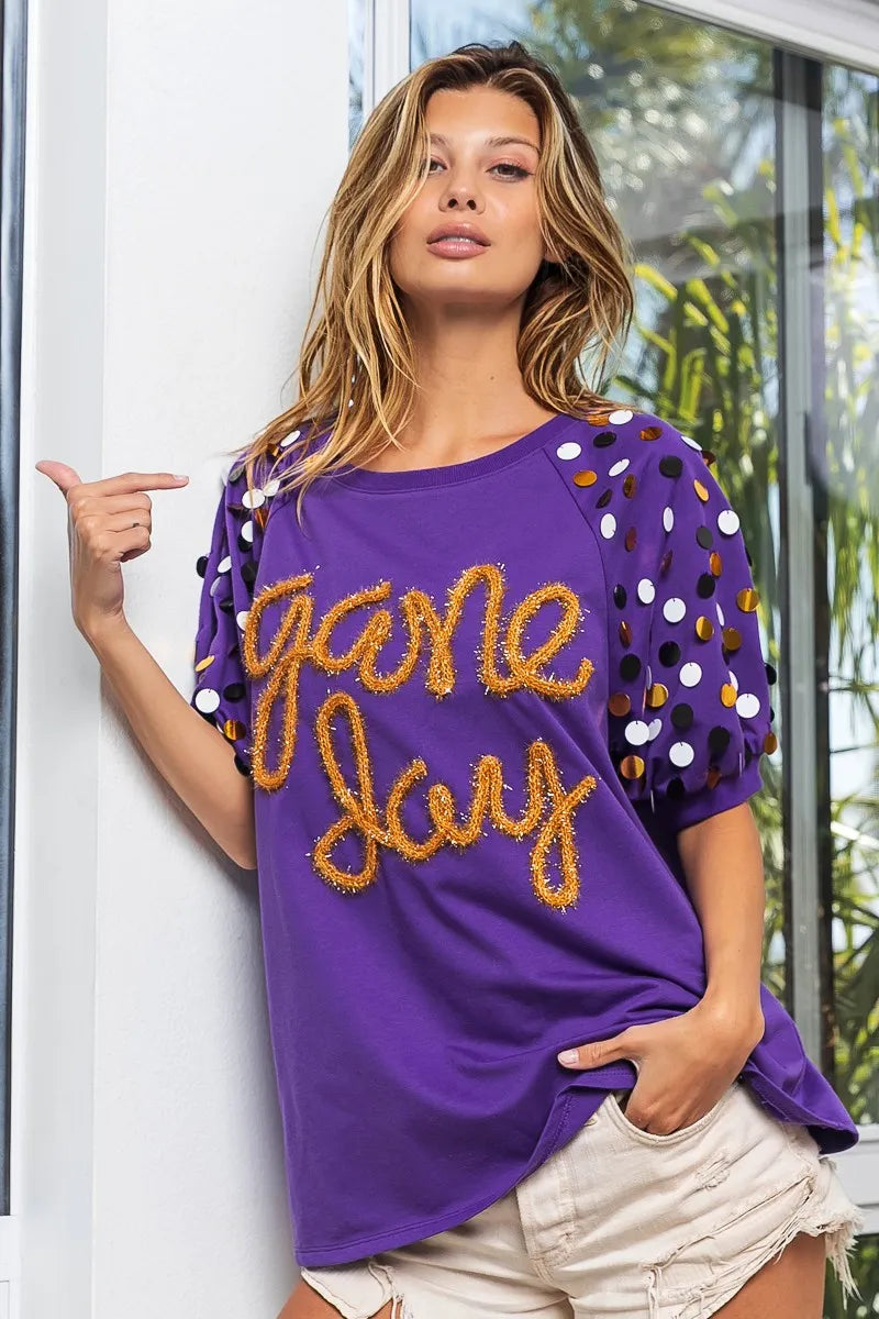 BiBi Purple & Gold Game Day Metallic Letter Spangle Sleeve Top