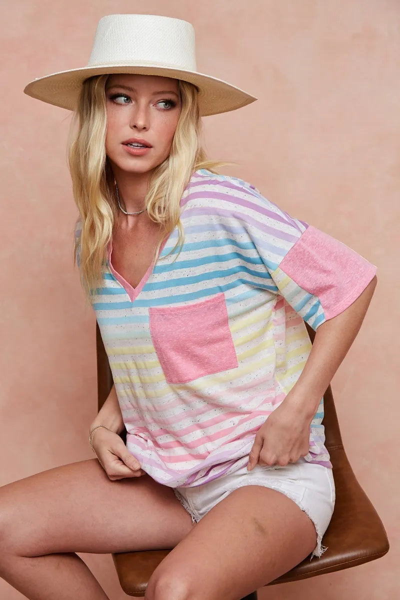 BiBi Rainbow Stripe Printed Triblend Knit Top