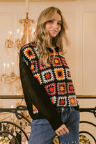 BiBi Black Multi Color Granny Square Front Long Sleeve Top