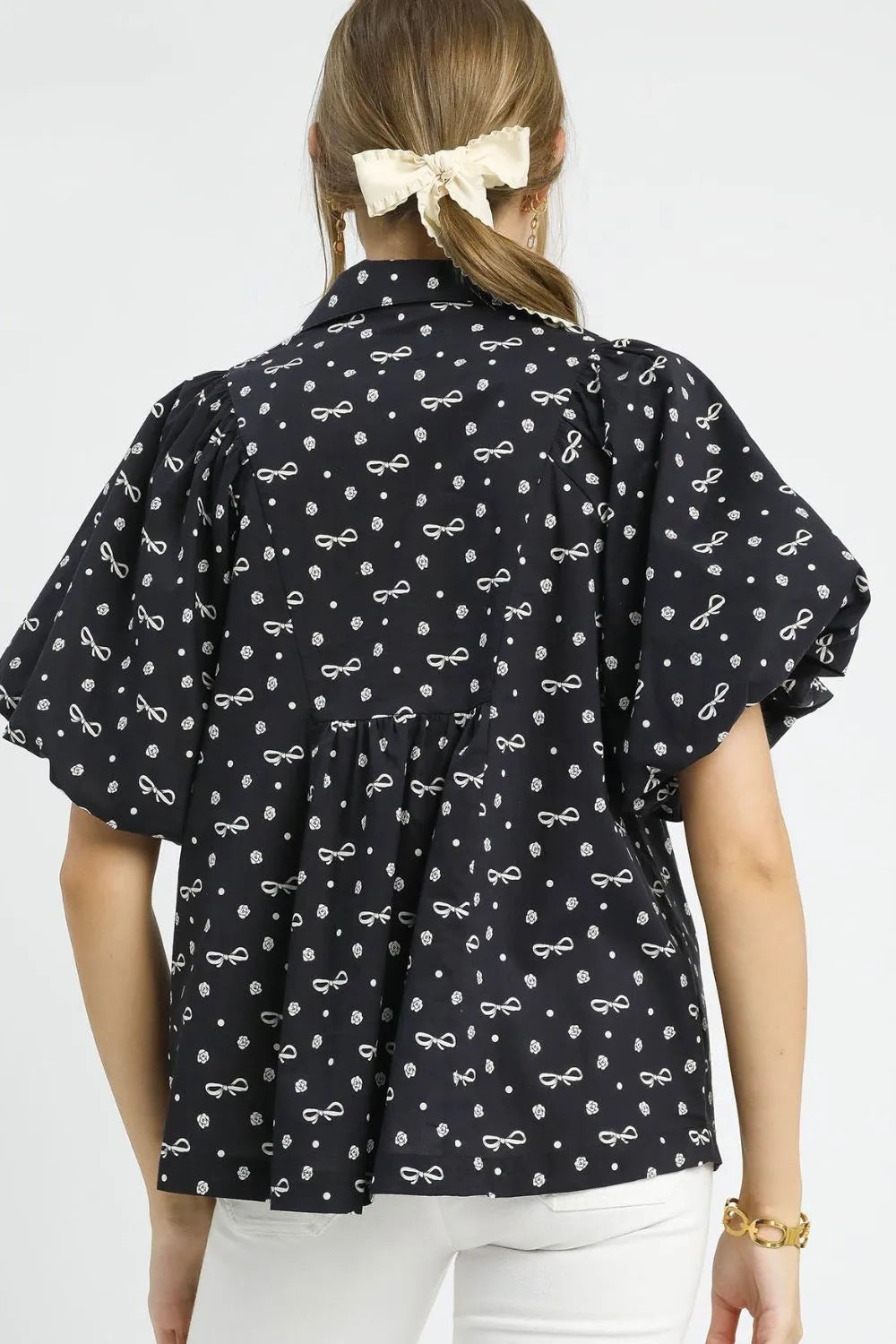 Umgee Black Bow Puff Sleeve Babydoll Blouse