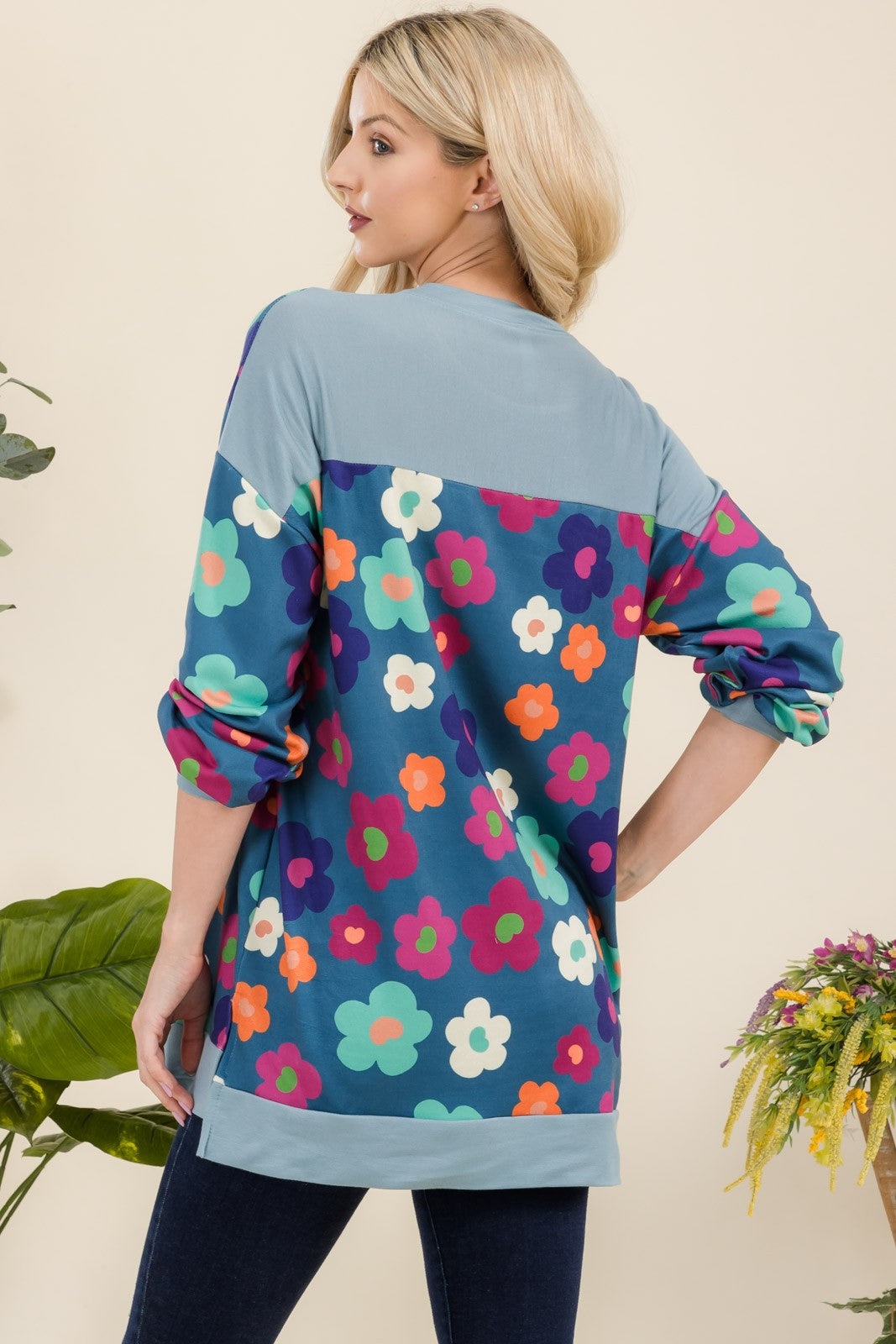 Celeste Teal & Florida Side Slit Print Long Sleeve Top Shirts