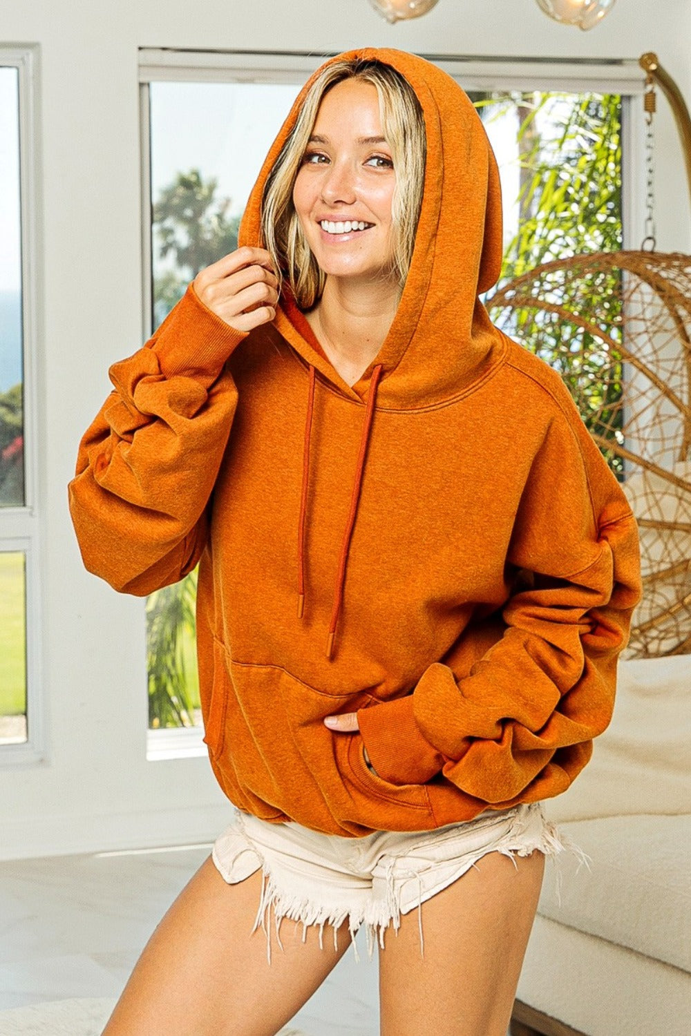 BiBi Ruched Long Sleeve Washed Fleece Hoodie in Vintage Rust Vintage Rust Trendsi