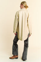 Davi & Dani Beige Faux Leather Button Up Jacket with Chest Pockets Coats & Jackets