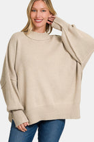 Zenana Heather Beige Side Sit Oversized Sweater H Beige Trendsi