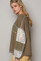 POL Khaki Olive V-Neck Lace Balloon Sleeve Exposed Seam Top Trendsi