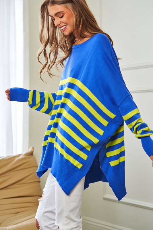 Davi & Dani Multi Striped Elbow Patch Loose Fit Sweater Top Davi & Dani