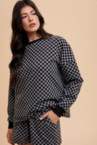 Annie Wear Black Checkered Round Neck Top and Drawstring Shorts Set Black