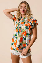 BiBi Cream & Multi Color Floral Print Woven Ruffle Sleeve Blouse