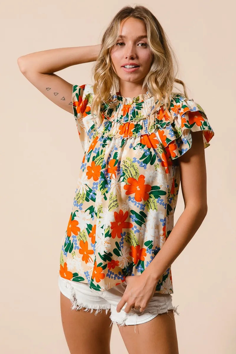 BiBi Cream & Multi Color Floral Print Woven Ruffle Sleeve Blouse