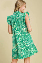 Umgee Green Printed Ruffle Cap Sleeve Babydoll Dress