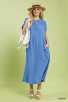 Umgee Ocean Button-Front Gauze Midi Dress with Lace Detail