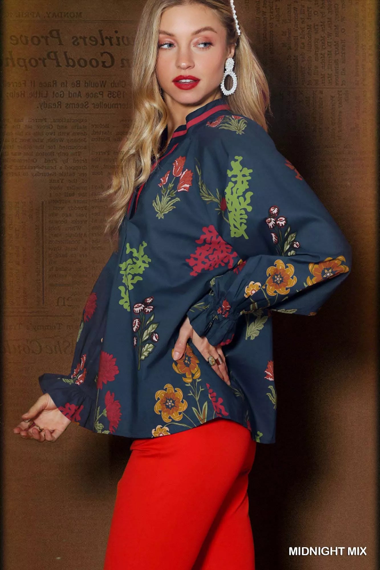 Umgee Midnight Mix Floral Print Flounce Sleeve Blouse