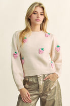 Davi & Dani Crochet Strawberry Round Neck Sweater in Beige Beige Shirts & Tops