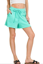 Zenana Mint Fleece Raw Hem Shorts With Draw String