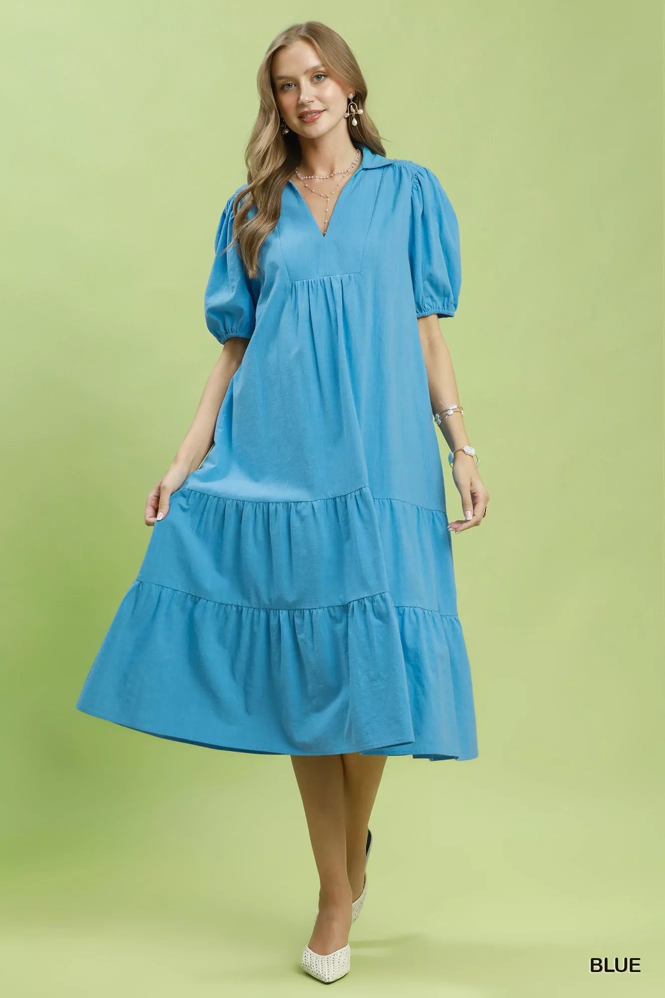 Umgee Blue Solid Tiered Midi Dress