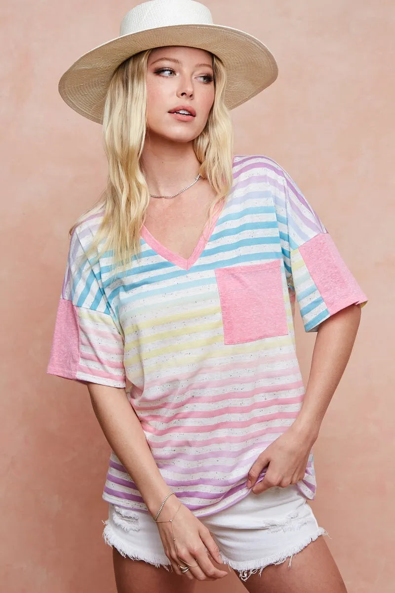 BiBi Rainbow Stripe Printed Triblend Knit Top RAINBOW STRIPE