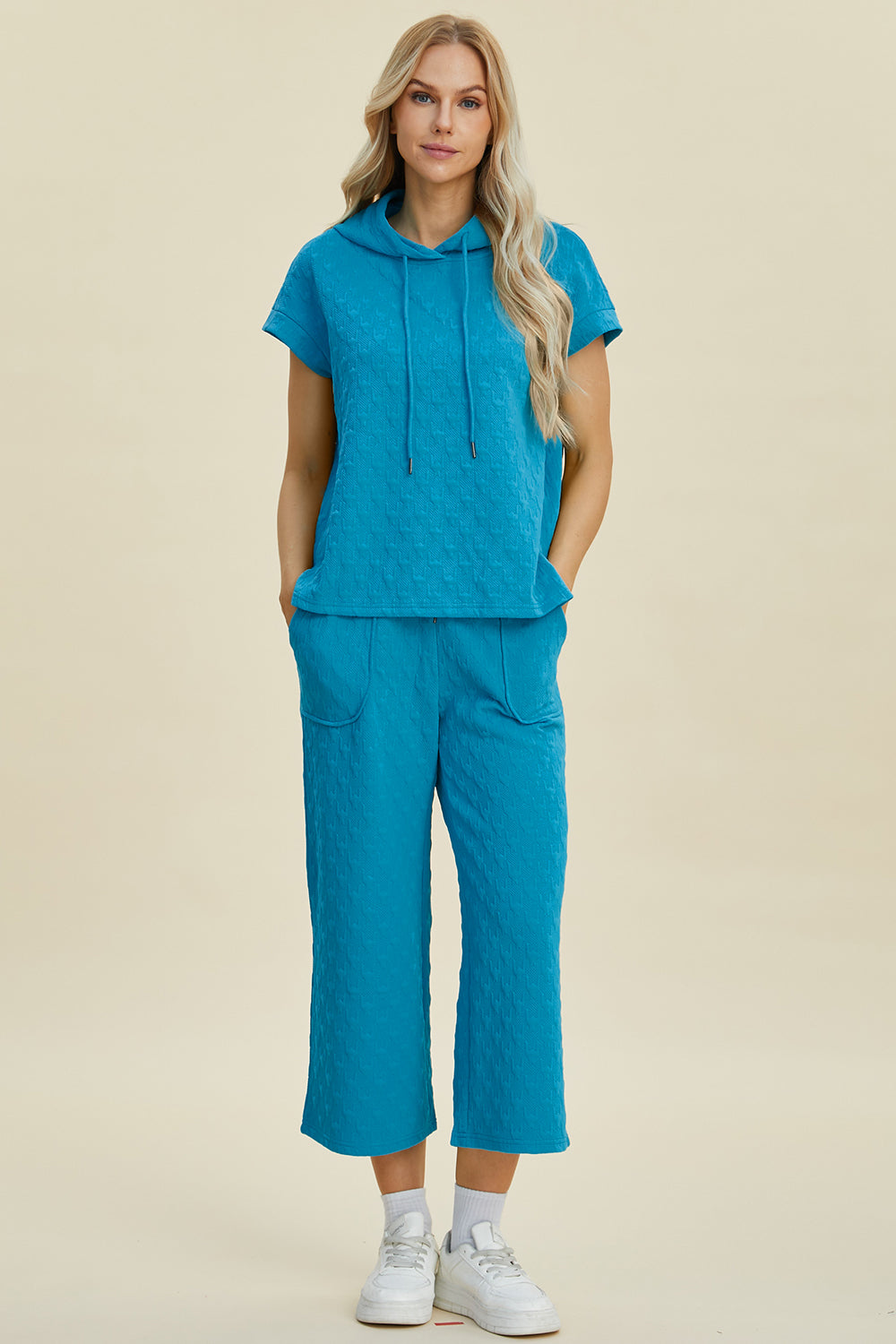 Double Take Textured Drawstring Short Sleeve Hoodie and Pocketed Pants Set Cerulean Trendsi