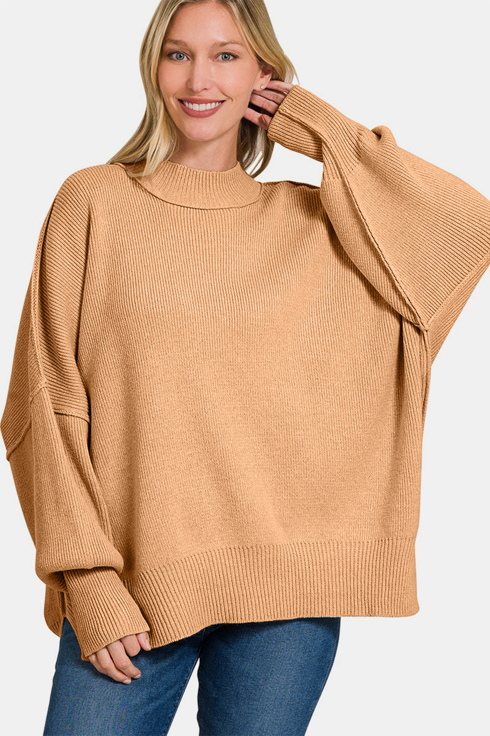 Zenana Dark Brush Ribbed Side Sit Oversized Sweater Trendsi