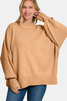 Zenana Dark Brush Ribbed Side Sit Oversized Sweater Shirts & Tops