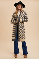 Annie Wear Dark Gray Checkered & Striped Open Front Long Sleeve Cardigan