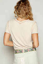 POL Almond V-Neck Short Sleeve Ribbed T-Shirt with Contrast Overlock Stitching