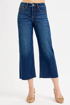 RISEN Dark Washed Tummy Control High Rise Raw Hem Cropped Wide Leg Jeans