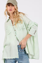 SAGE + FIG Cardiff Mint Oversized Frayed Hem Side Slit Button Down Shirt Light Green