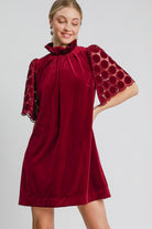 Umgee Burgundy Dotted Lace Half Sleeve Mock Neck Back Tie Velvet Dress Burgundy Dresses