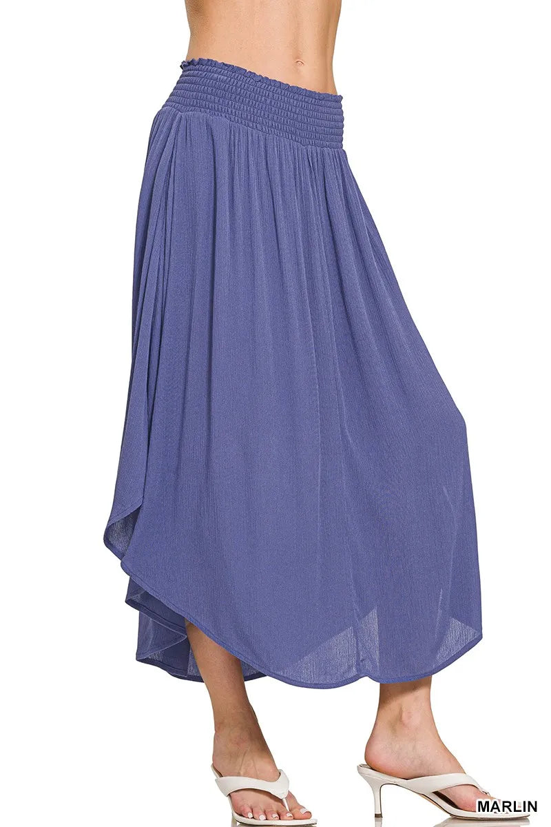Zenana Sand Beige Woven Crinkle Smocked Waist Maxi Skirt W Pockets