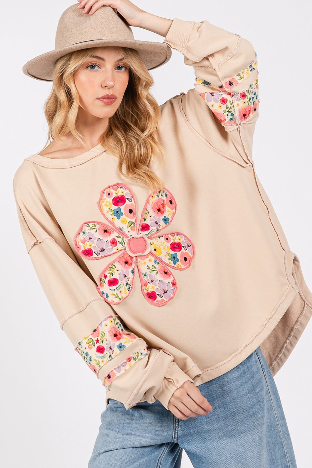 SAGE + FIG Daisy Patch Applique Long Sleeve Sweatshirt in Oatmeal Oatmeal Trendsi