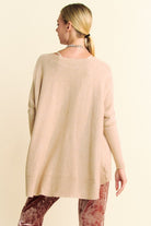 Davi & Dani Tan Round Neck Dropped Shoulder Long Sleeve Knit Top