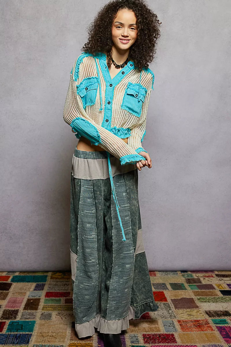 POL Aqua Blue Texture Woven Button Down Hooded Shirt with Drawstring Hem