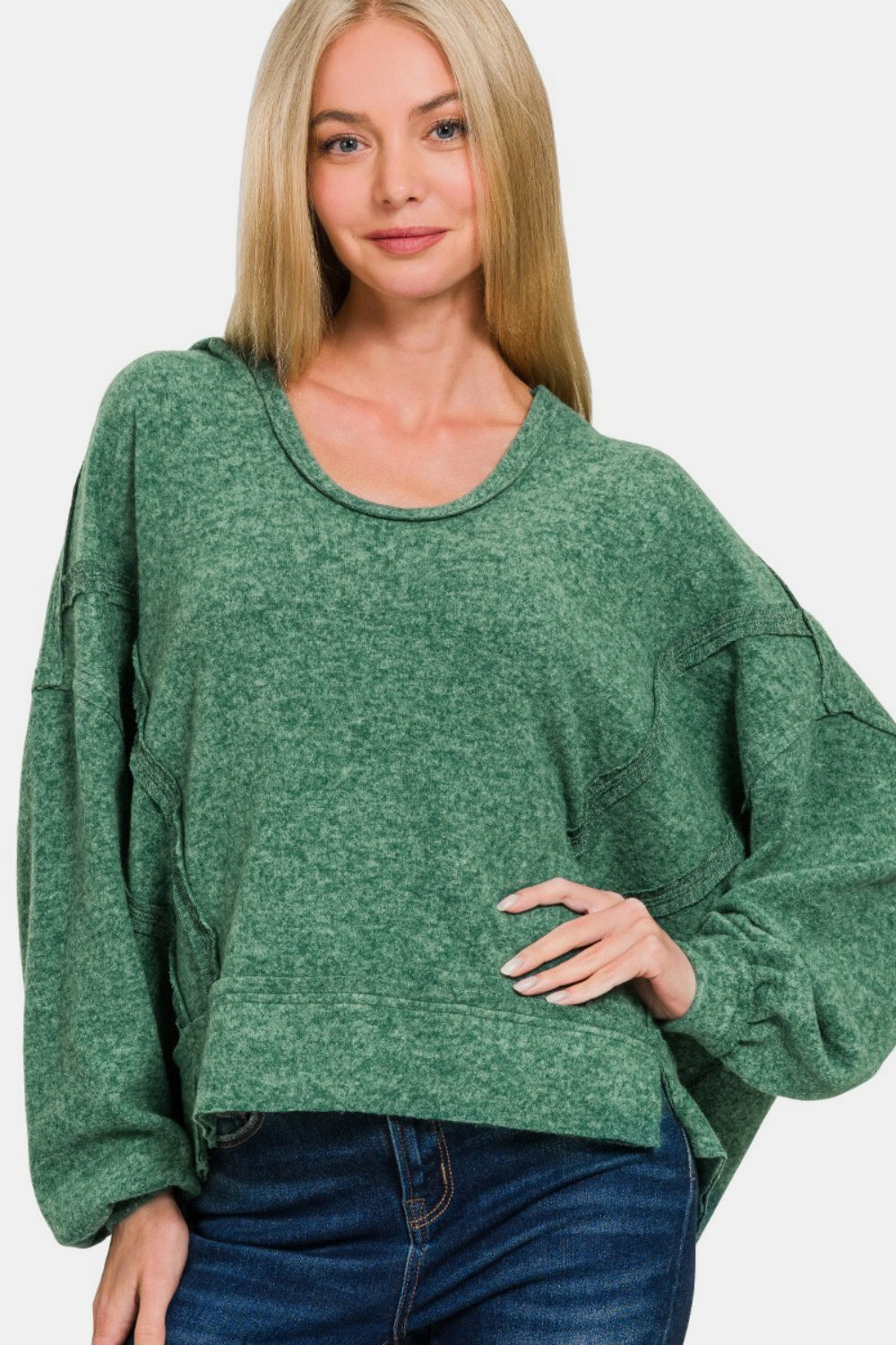 Zenana Dark Green Brushed Hacci Exposed Seam Hoodie Trendsi