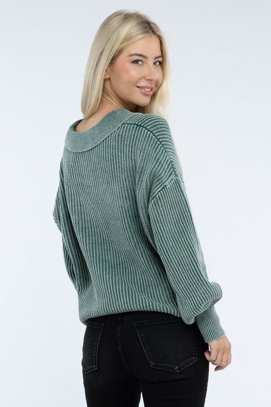 Zenana Washed Collared Henley Sweater in 6 Colors! ZENANA