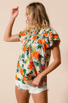 BiBi Cream & Multi Color Floral Print Woven Ruffle Sleeve Blouse