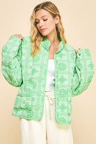 Davi & Dani Neon Green Bandanna Vintage Print Quilted Open Front Jacket with Pockets Coats & Jackets