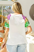 BiBi Sequin Mardi Gras Bottles Spangled Sleeve Top