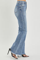 RISEN Medium Washed High Waist Raw Hem Flare Jeans Trendsi