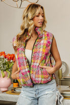 BiBi Stained Glass Quilted Washed Plaid Snap Down Vest Trendsi