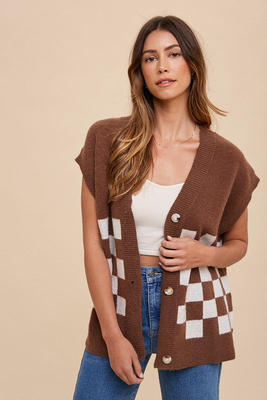 Annie Wear Dark Brown Checkered Button Down Short Sleeve Cardigan Dark Brown