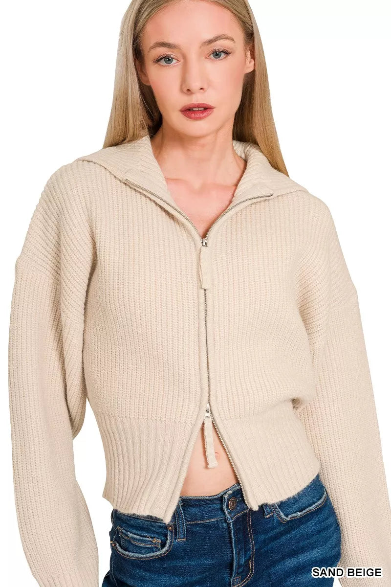 Zenana Sand Beige Ribbed Collared Zip Up Sweater Cardigan