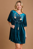 Umgee Deep Teal Embroidered Half Sleeve Velvet Mini Dress with Tassel Deep Teal Dresses