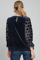 Umgee Navy Velvet Polka Dot Lace Long Sleeve Round Neck Blouse Shirts & Tops