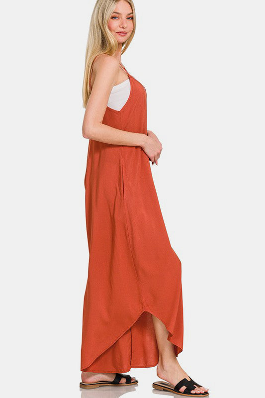 Zenana Rust Spaghetti Strap Wide Leg Overalls with Pockets Jumpsuits & Rompers