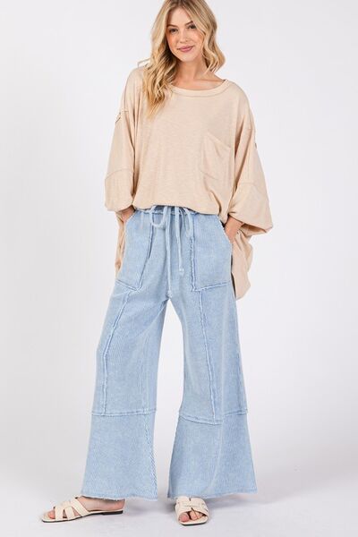 SAGE + FIG Light Blue Waffle Textured Wide Leg Mineral Washed Pants