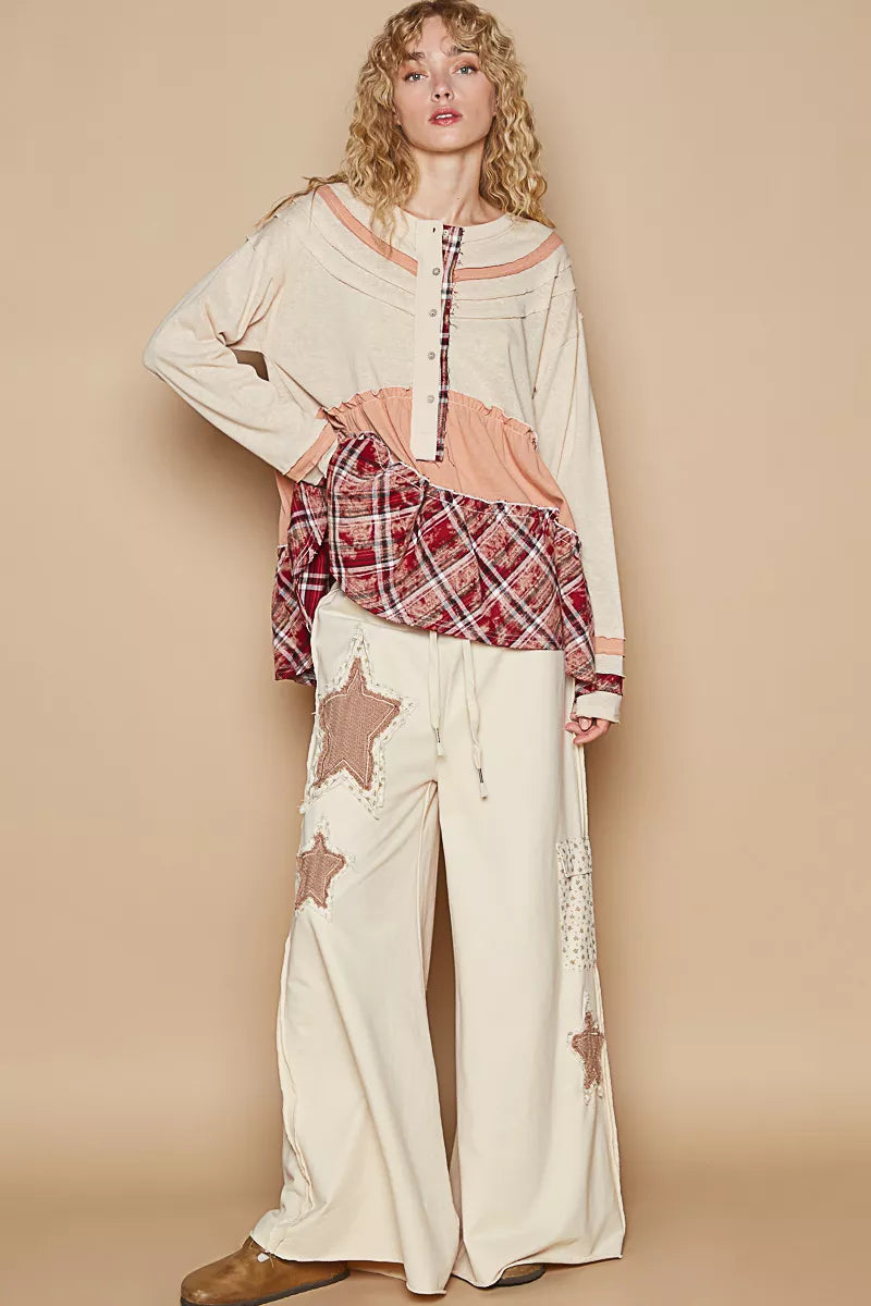 POL Coconut Multi Round Neck Half Button Color Block Top with Merrow Edge Detail