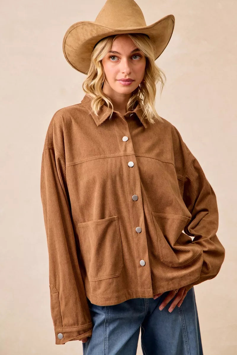 BiBi Camel Corduroy Relaxed Fit Shacket with Back Pleat