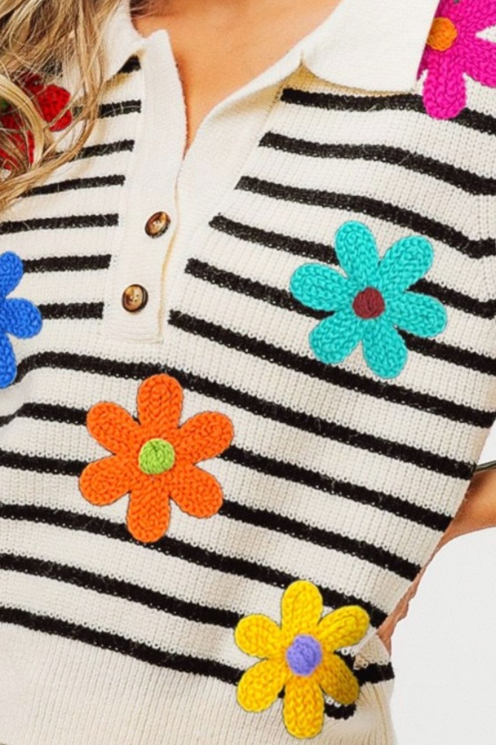 BiBi Ivory Flower Patch Striped Half Button Sweater Vest Trendsi